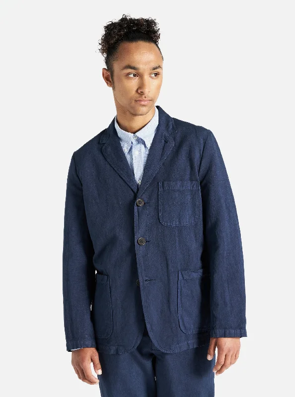 Universal Works Three Button Jacket in Navy Linen Slub Weave