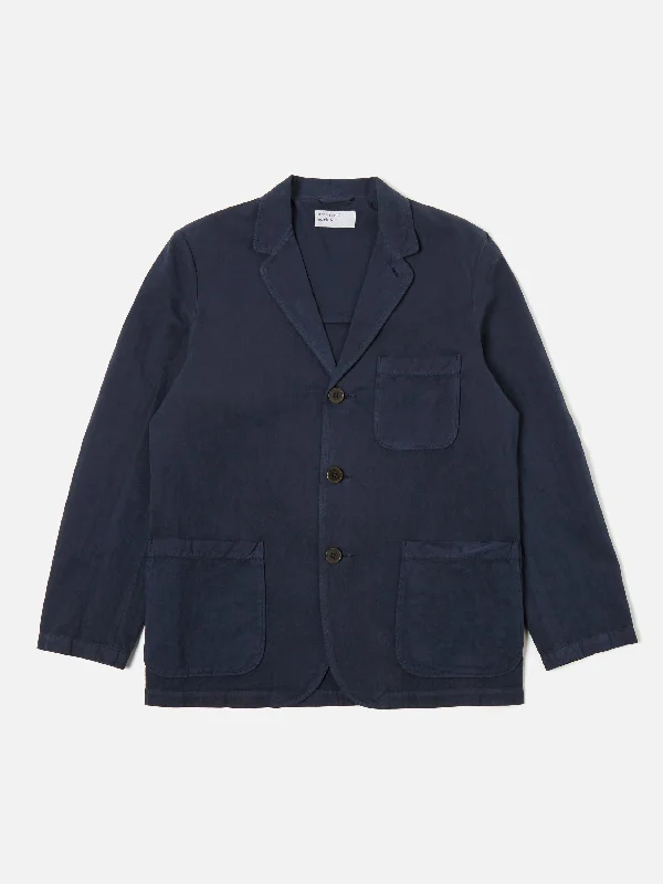 Universal Works Three Button Jacket in Navy Linen Slub Weave