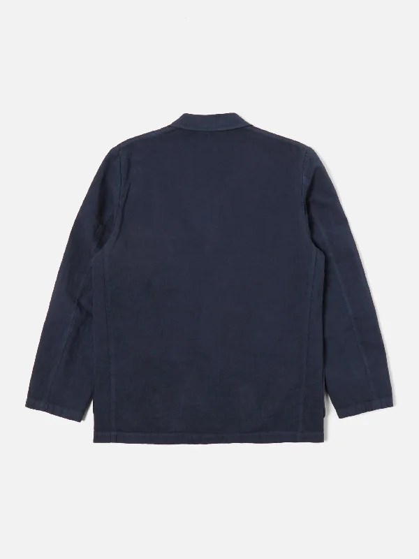 Universal Works Three Button Jacket in Navy Linen Slub Weave