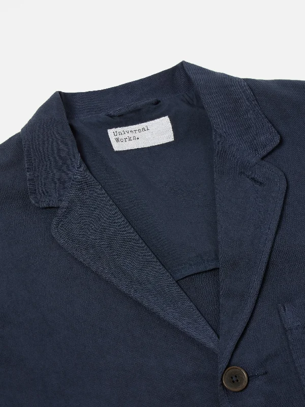 Universal Works Three Button Jacket in Navy Linen Slub Weave