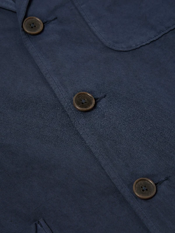 Universal Works Three Button Jacket in Navy Linen Slub Weave