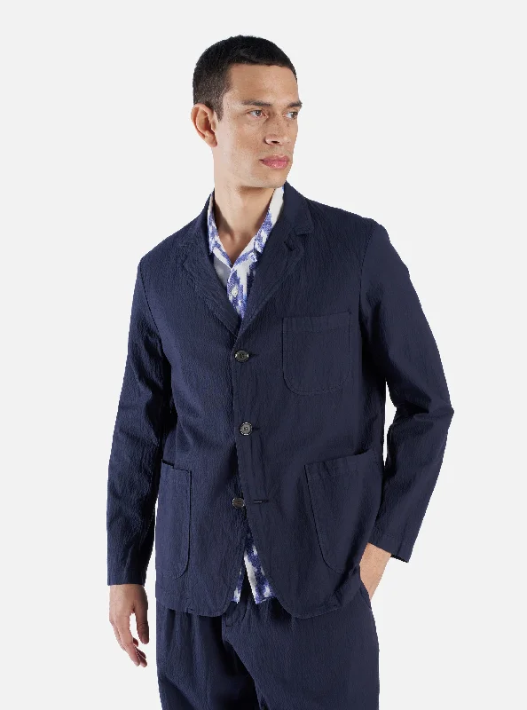 Universal Works Three Button Jacket in Navy Seersucker II