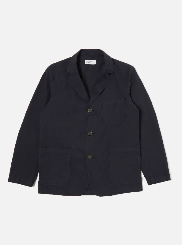 Universal Works Three Button Jacket in Navy Seersucker II