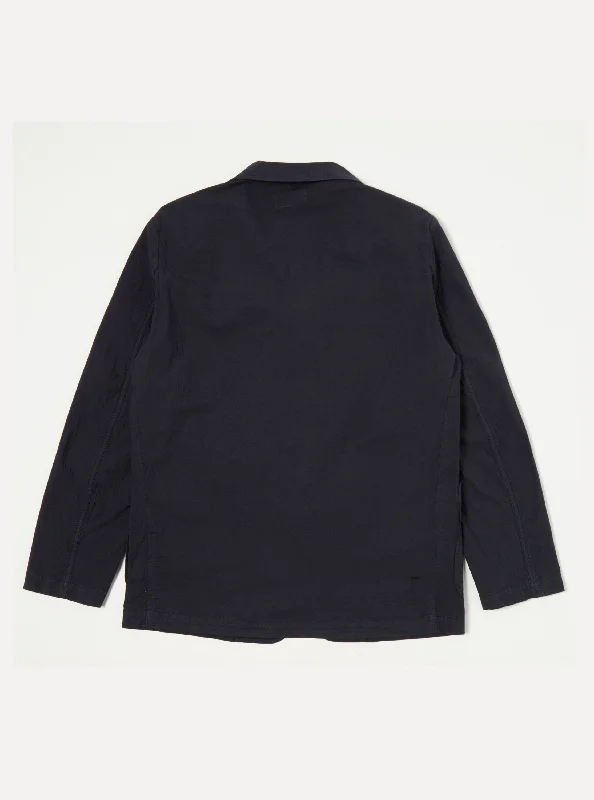 Universal Works Three Button Jacket in Navy Seersucker II