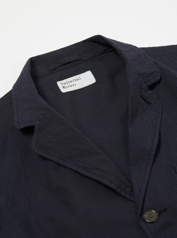 Universal Works Three Button Jacket in Navy Seersucker II