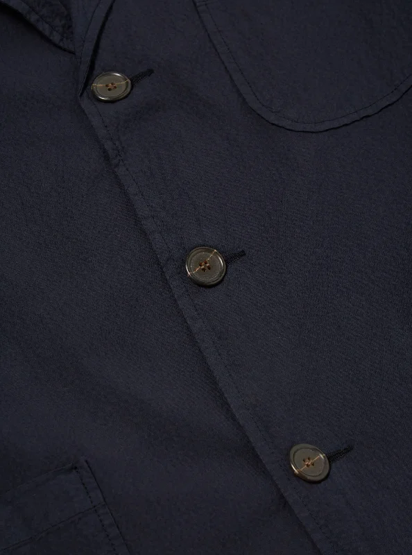 Universal Works Three Button Jacket in Navy Seersucker II