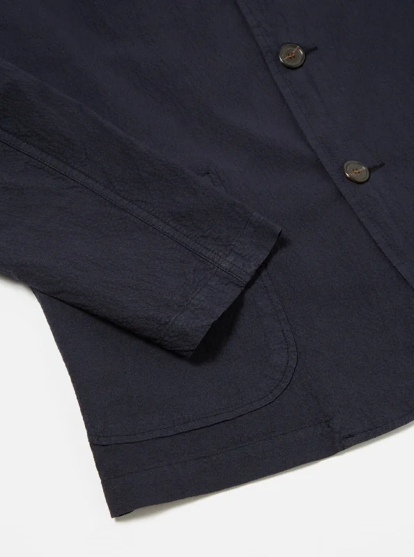 Universal Works Three Button Jacket in Navy Seersucker II