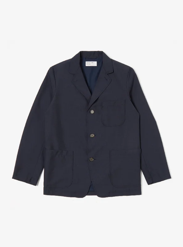 Universal Works Three Button Jacket in Navy Tropical Suiting