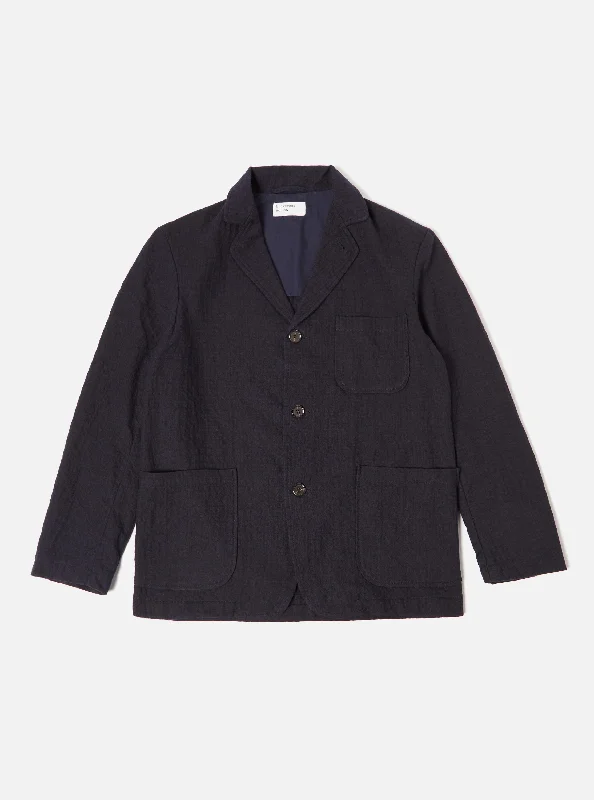 Universal Works Three Button Jacket in Navy Wool Cotton Check Seersucker