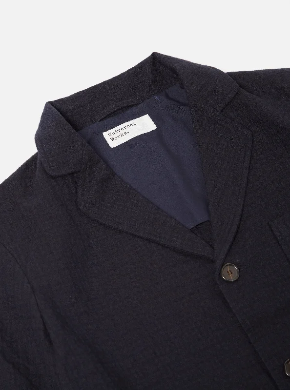 Universal Works Three Button Jacket in Navy Wool Cotton Check Seersucker