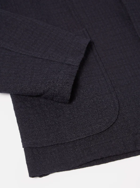 Universal Works Three Button Jacket in Navy Wool Cotton Check Seersucker