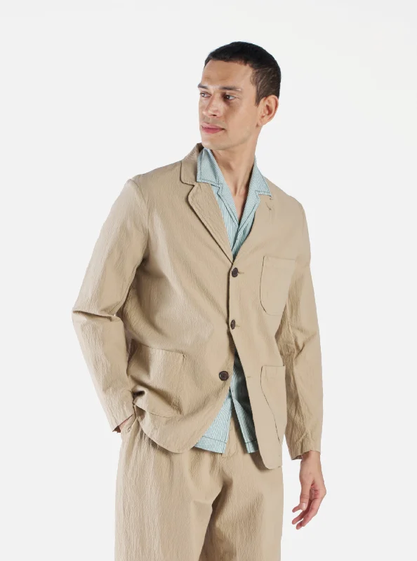 Universal Works Three Button Jacket in Summer Oak Seersucker II