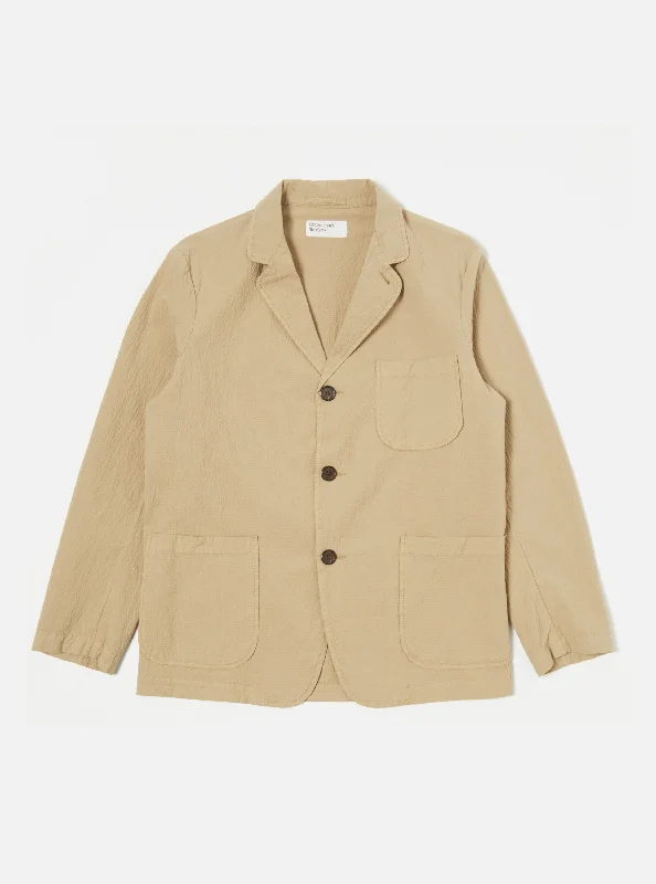 Universal Works Three Button Jacket in Summer Oak Seersucker II