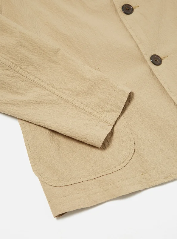 Universal Works Three Button Jacket in Summer Oak Seersucker II