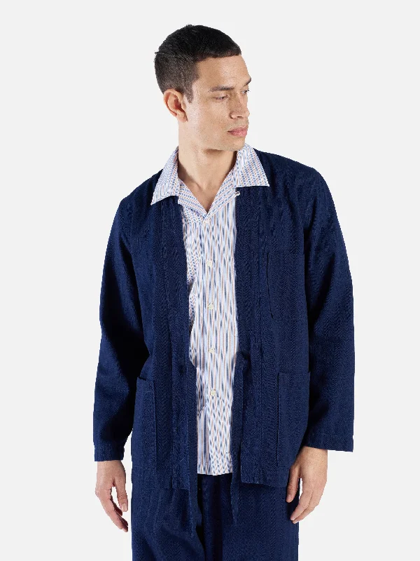 Universal Works Tie Front Jacket in Indigo Herringbone Denim