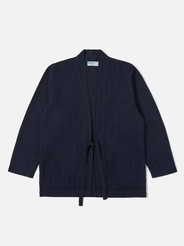 Universal Works Tie Front Jacket in Indigo Herringbone Denim