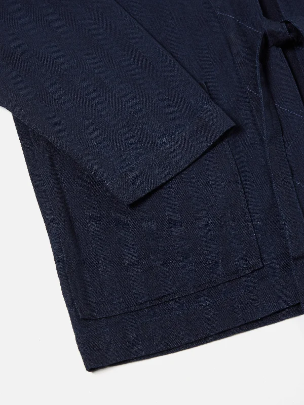 Universal Works Tie Front Jacket in Indigo Herringbone Denim