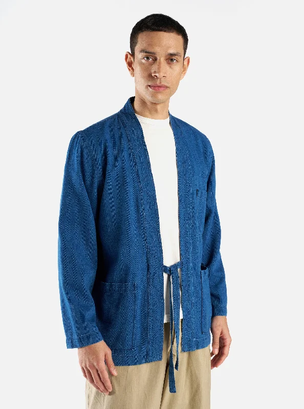 Universal Works Tie Front Jacket in Washed Indigo Herringbone Denim