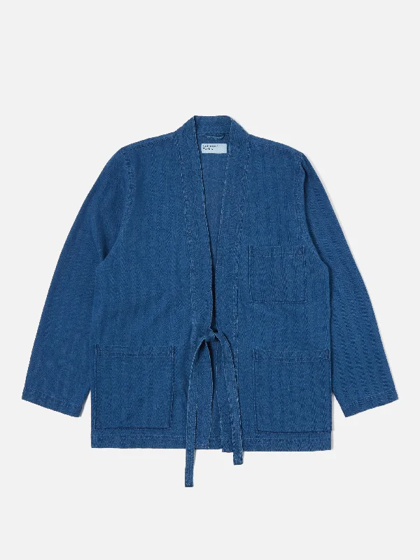 Universal Works Tie Front Jacket in Washed Indigo Herringbone Denim