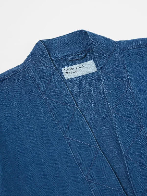 Universal Works Tie Front Jacket in Washed Indigo Herringbone Denim