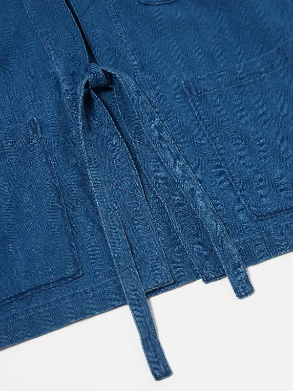 Universal Works Tie Front Jacket in Washed Indigo Herringbone Denim