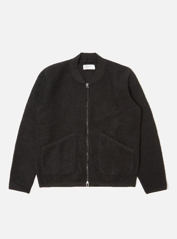 Universal Works Zip Bomber in Black Wool Fleece