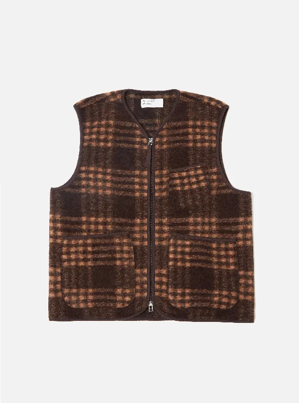 Universal Works Zip Gilet in Brown Check Duke Fleece