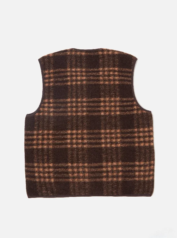 Universal Works Zip Gilet in Brown Check Duke Fleece