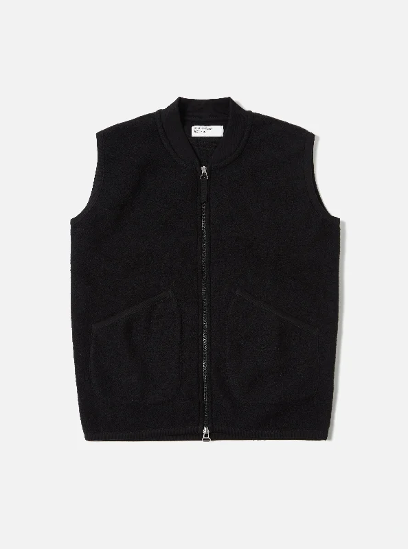 Universal Works Zip Waistcoat in Black Wool Fleece