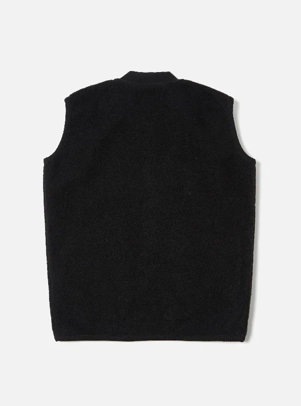 Universal Works Zip Waistcoat in Black Wool Fleece