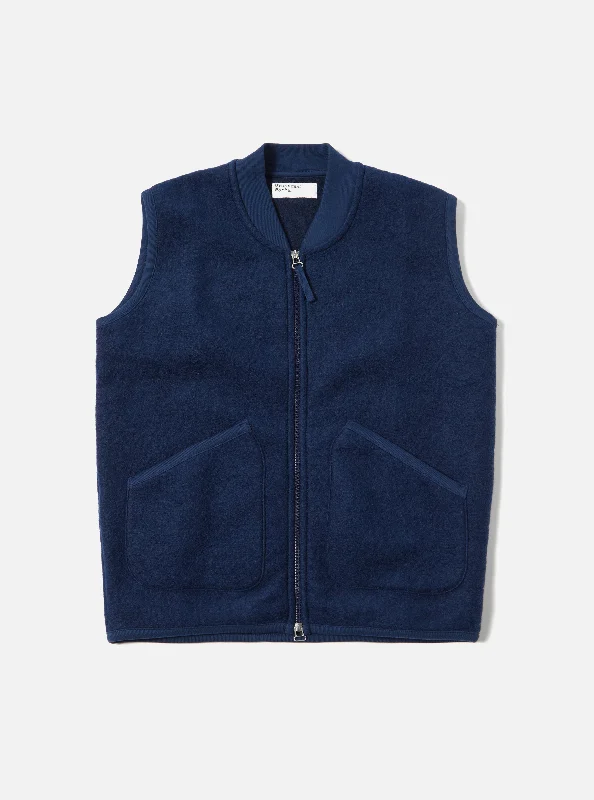 Universal Works Zip Waistcoat in Indigo Wool Fleece