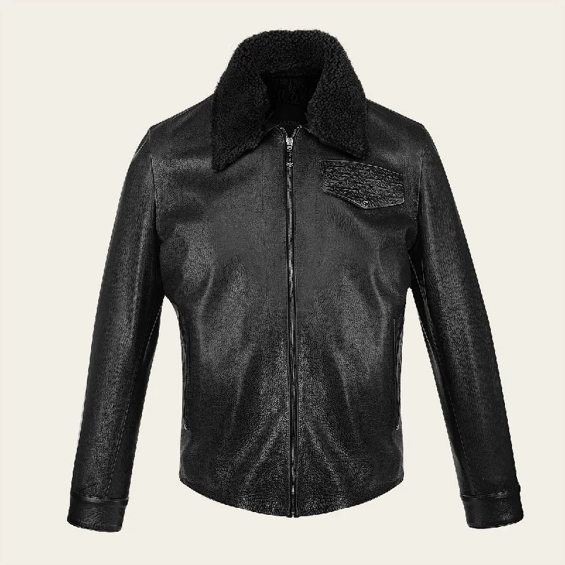 Men black ovine leather jacket with engraved detail and removable neck