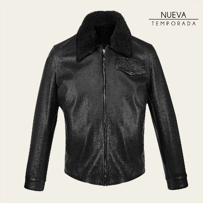 Men black ovine leather jacket with engraved detail and removable neck