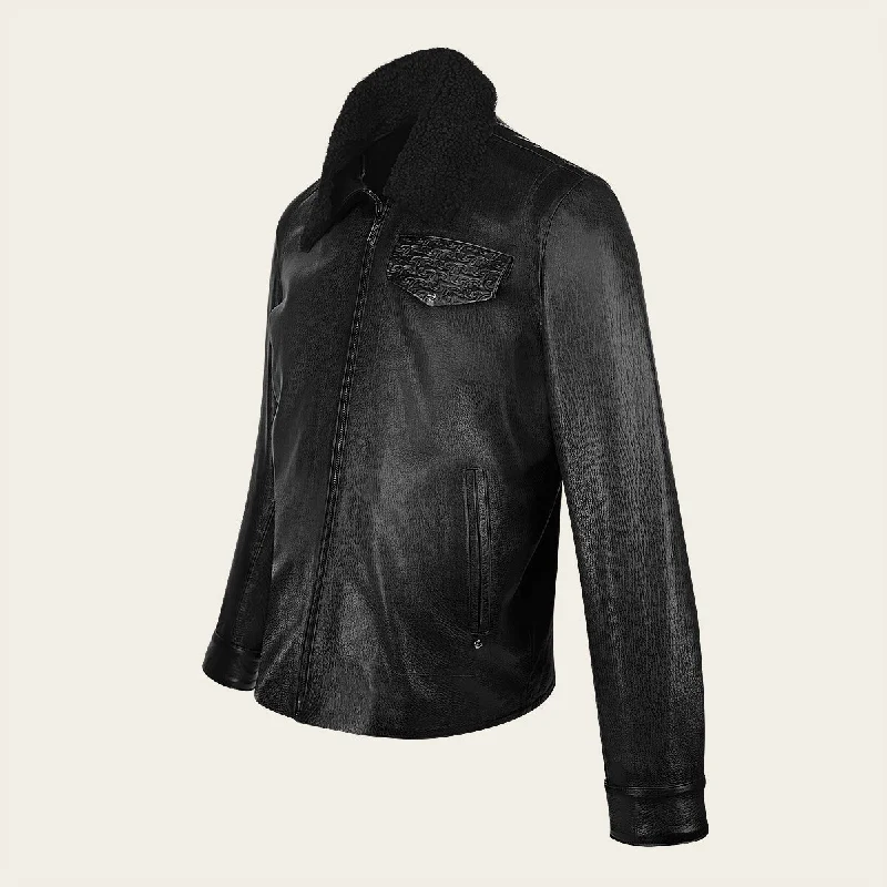 Men black ovine leather jacket with engraved detail and removable neck