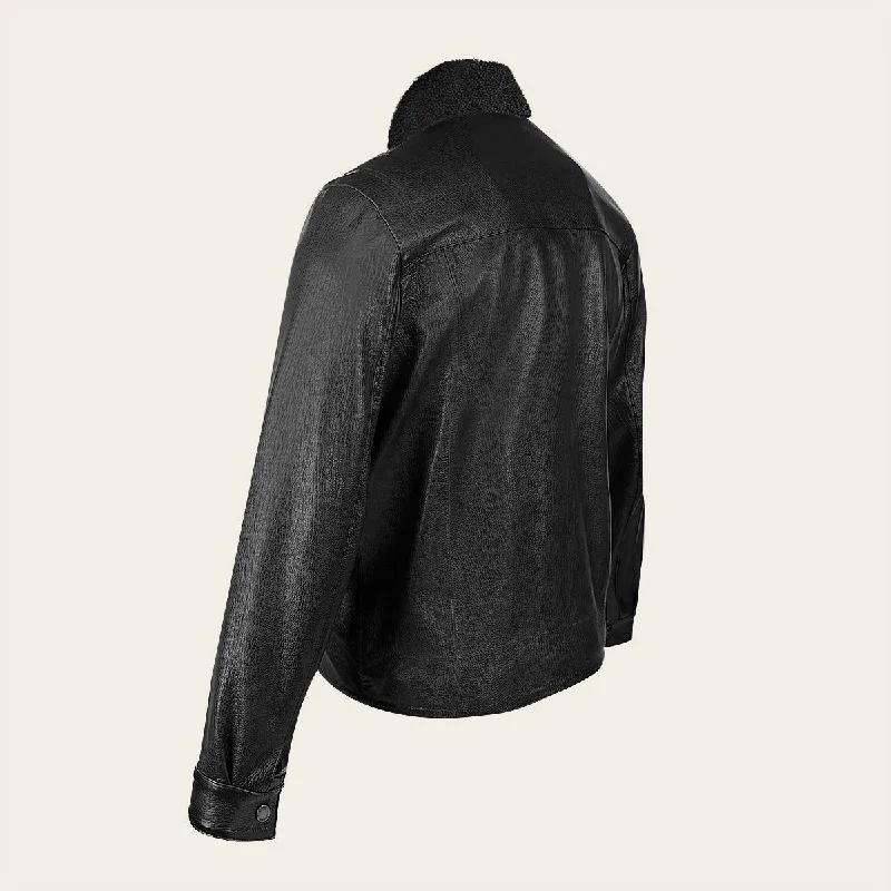 Men black ovine leather jacket with engraved detail and removable neck