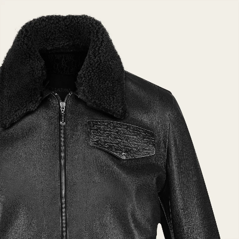 Men black ovine leather jacket with engraved detail and removable neck