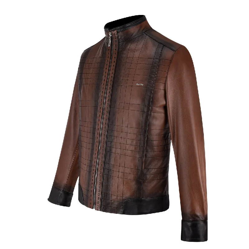 Mandarin neck dark brown leather jacket