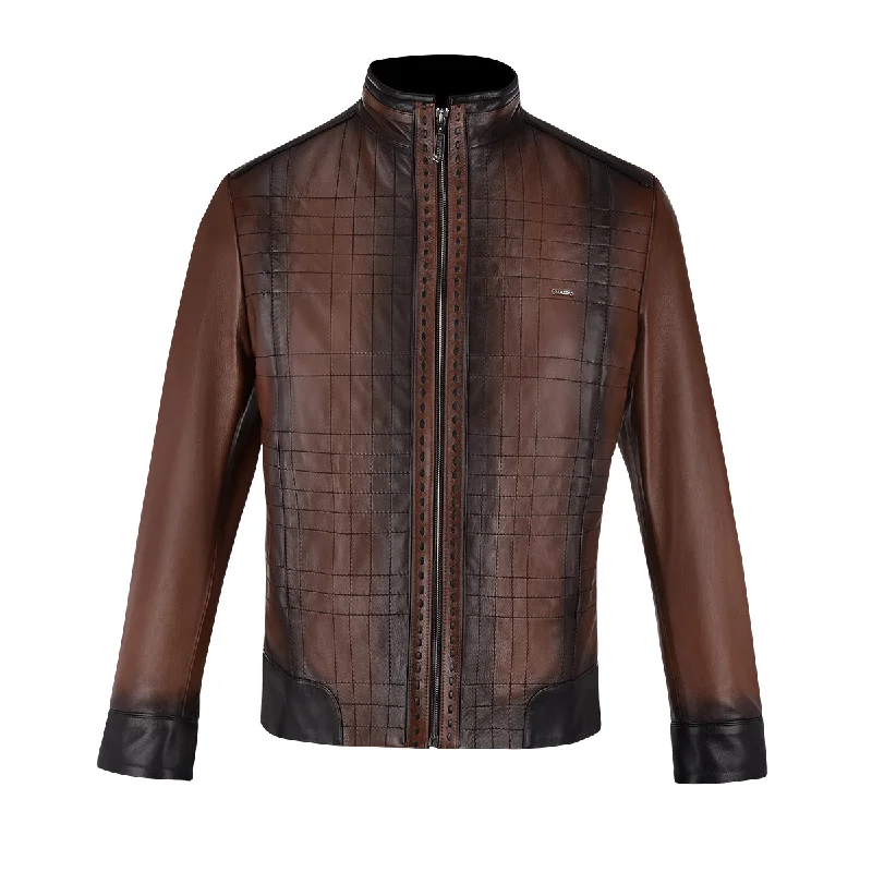 Mandarin neck dark brown leather jacket