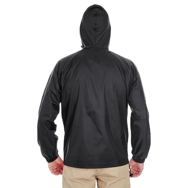 UltraClub Men's Black Quarter-Zip Hooded Pullover Pack-Away Jacket