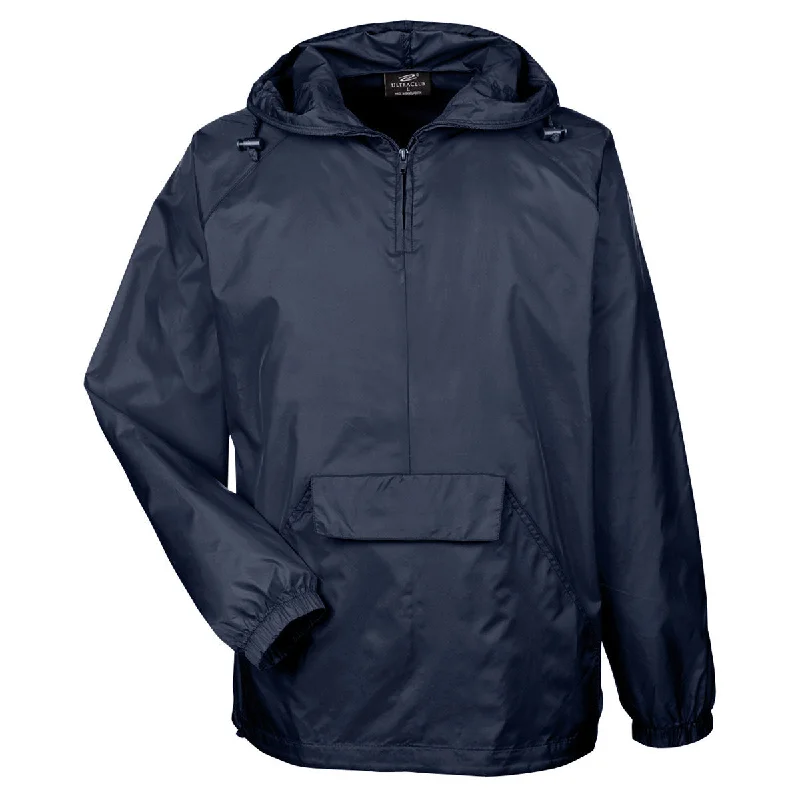 UltraClub Men's True Navy Quarter-Zip Hooded Pullover Pack-Away Jacket