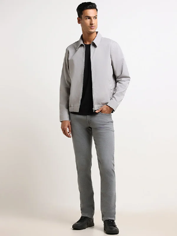 Ascot Grey Cotton Blend Relaxed Fit Bomber Jacket