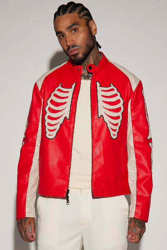 Bones Faux Leather Motocross Jacket - Red