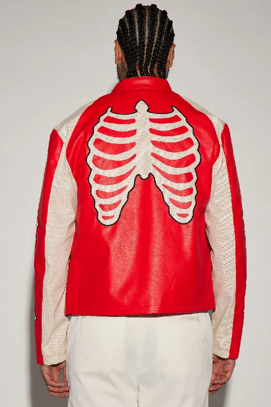 Bones Faux Leather Motocross Jacket - Red