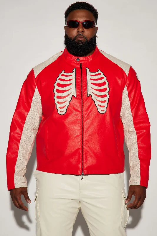 Bones Faux Leather Motocross Jacket - Red