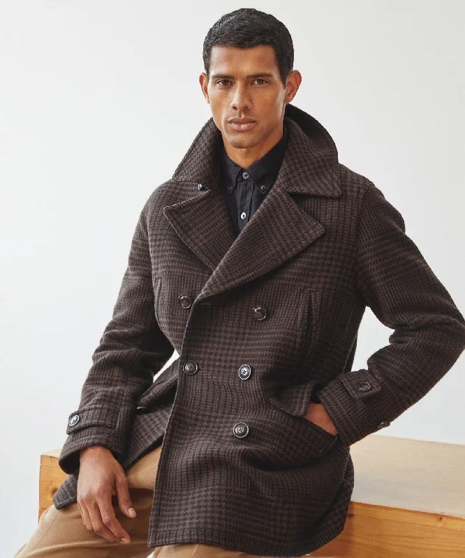 Italian Wool Peacoat in Brown Glen Plaid