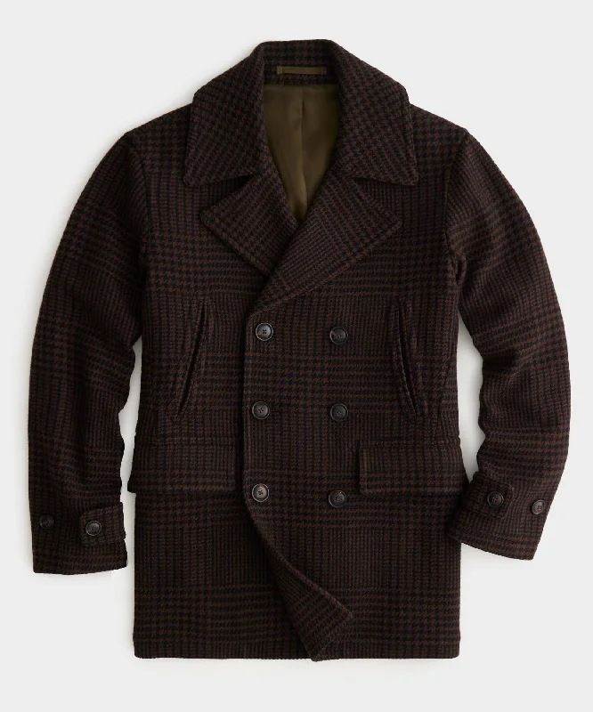 Italian Wool Peacoat in Brown Glen Plaid