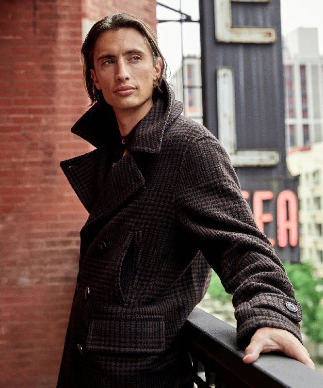 Italian Wool Peacoat in Brown Glen Plaid