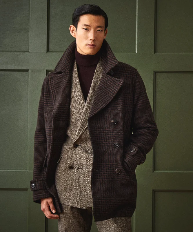 Italian Wool Peacoat in Brown Glen Plaid