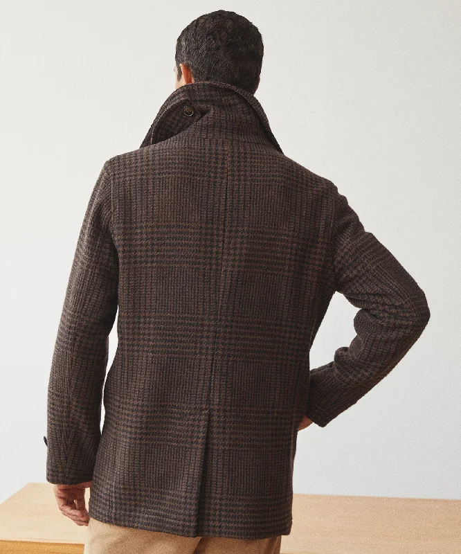 Italian Wool Peacoat in Brown Glen Plaid