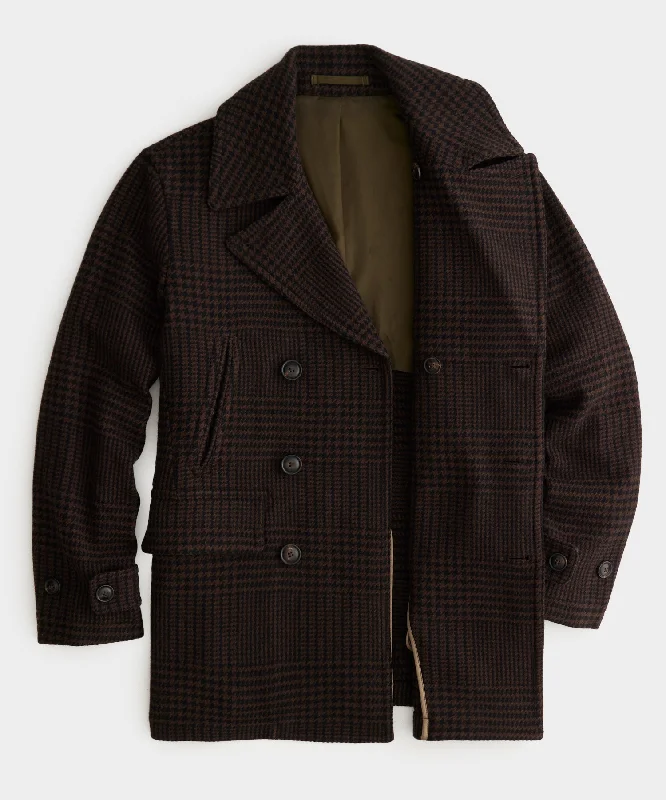 Italian Wool Peacoat in Brown Glen Plaid